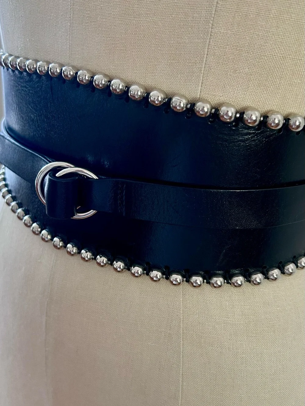 Isabel Marant Black Leather Wide Waist Belt with Silver Bead Trim